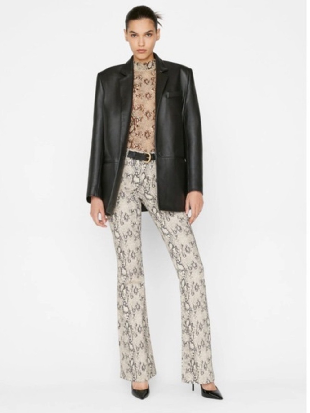 Frame Le High Flare Denim Snake-Print Flare Pants